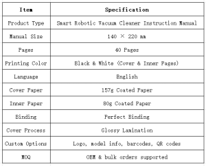 Smart Robotic Vacuum Cleaner Instruction Manual Printing