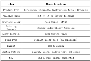 Electronic Cigarette Instruction Manual Brochure